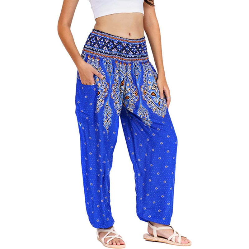 Rayon Print Smocked Waist Boho Harem Pants-Legletic