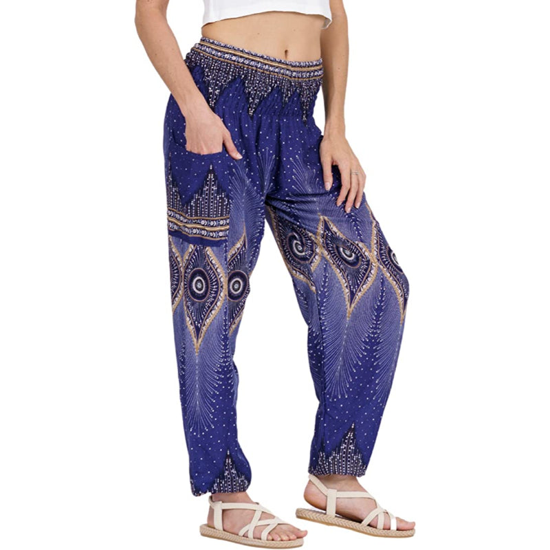 Women's Rayon Print Smocked Waist Boho Harem Pants-Legletic