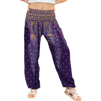 Colorful Print Smocked Waist Boho Harem Pants-Legletic