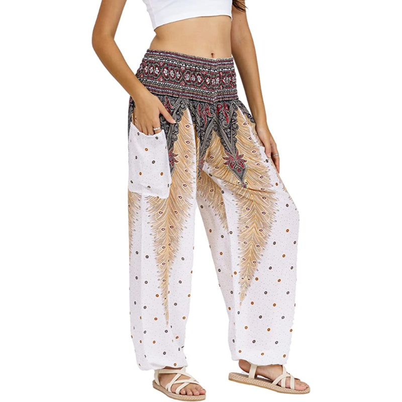 Print Smocked Waist Boho Harem Pants-Legletic