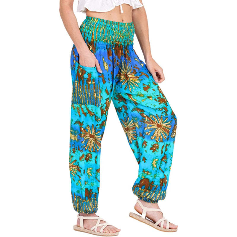 Colorful Print Smocked Waist Boho Harem Pants-Legletic