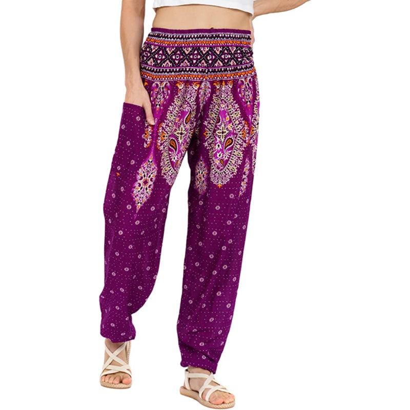 Print Smocked Waist Boho Harem Pants-Legletic