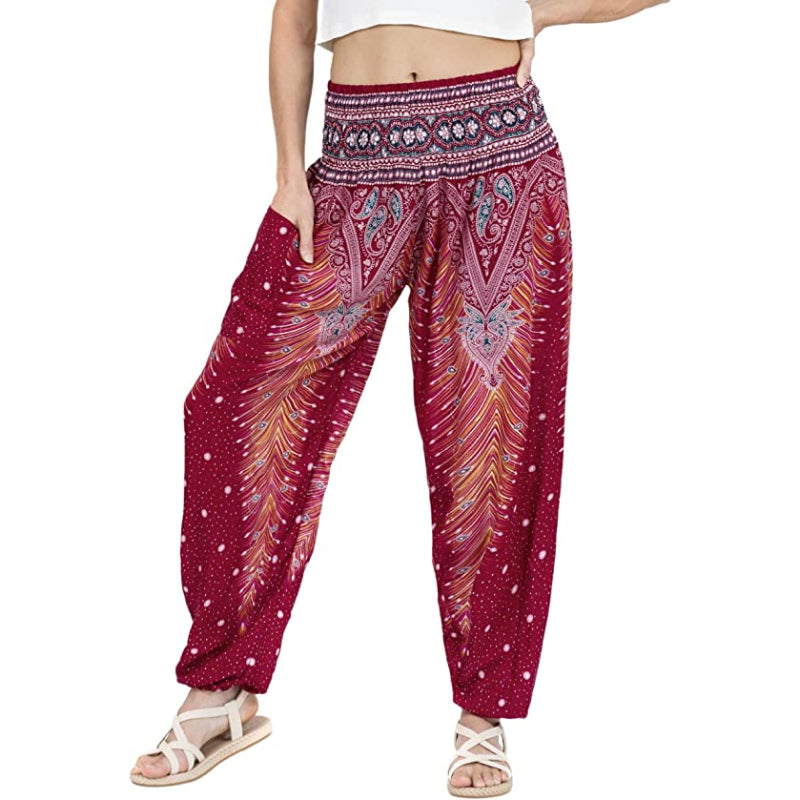 Colorful Print Smocked Waist Boho Harem Pants-Legletic