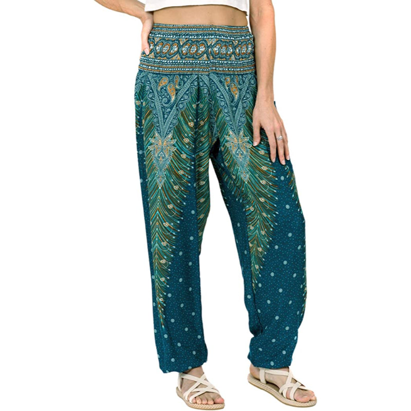 Print Smocked Waist Boho Harem Pants-Legletic