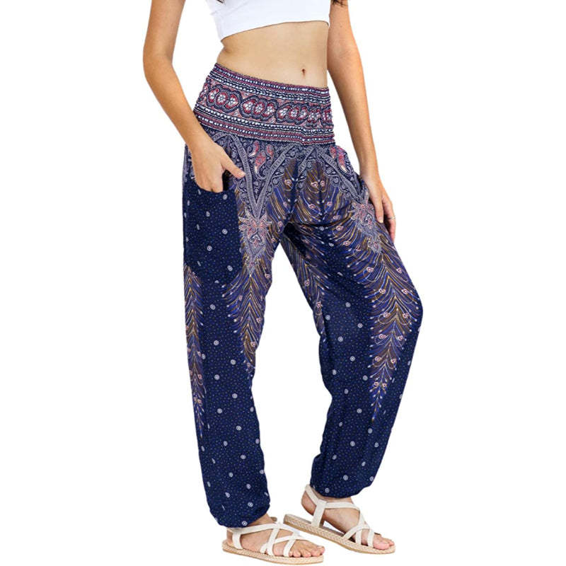 Rayon Print Smocked Waist Boho Harem Pants-Legletic