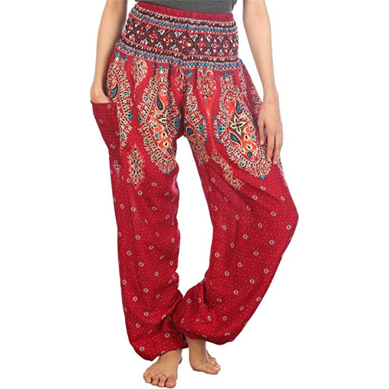 Women's Rayon Print Smocked Waist Boho Harem Pants-Legletic