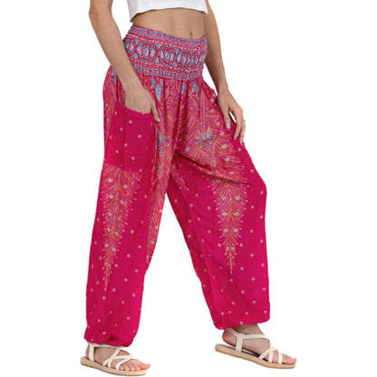 Print Smocked Waist Boho Harem Pants-Legletic