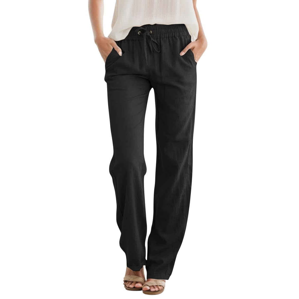 Casual Linen Drawstring Loose Pants With Pockets
