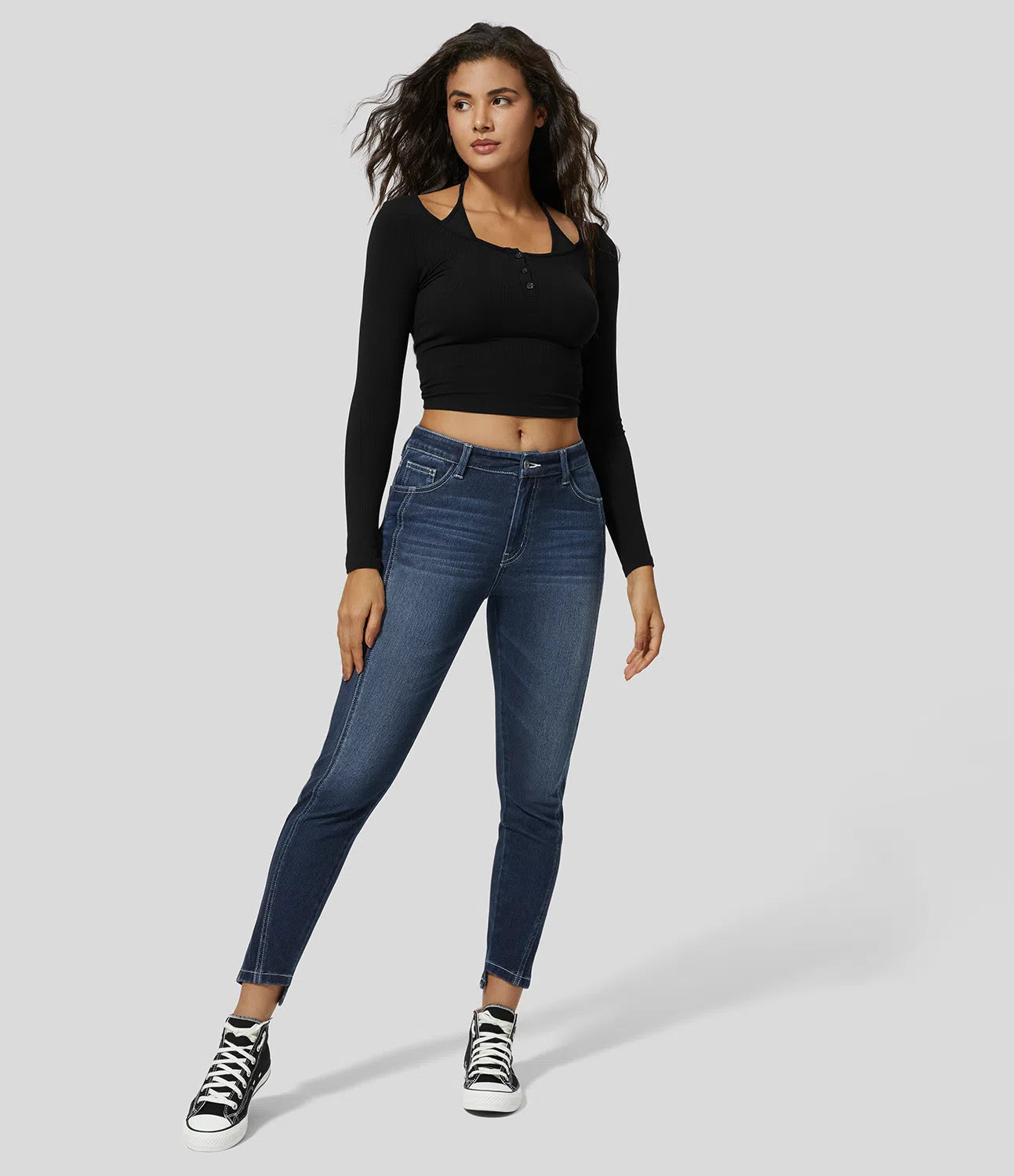 Mid Rise Button Zipper Multiple Pockets Stretchy Knit Casual Skinny Jeans-Legletic