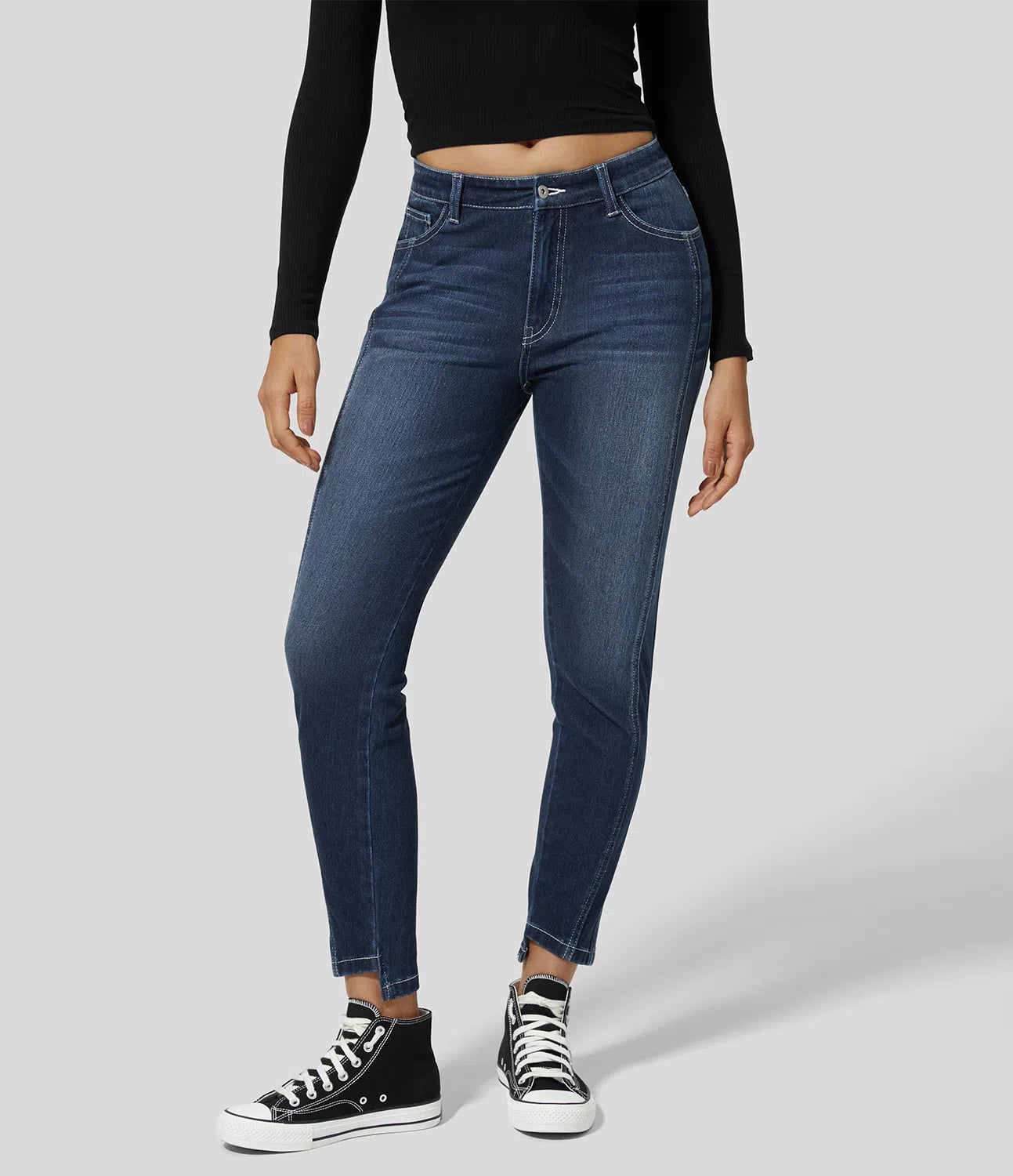 Mid Rise Button Zipper Multiple Pockets Stretchy Knit Casual Skinny Jeans-Legletic