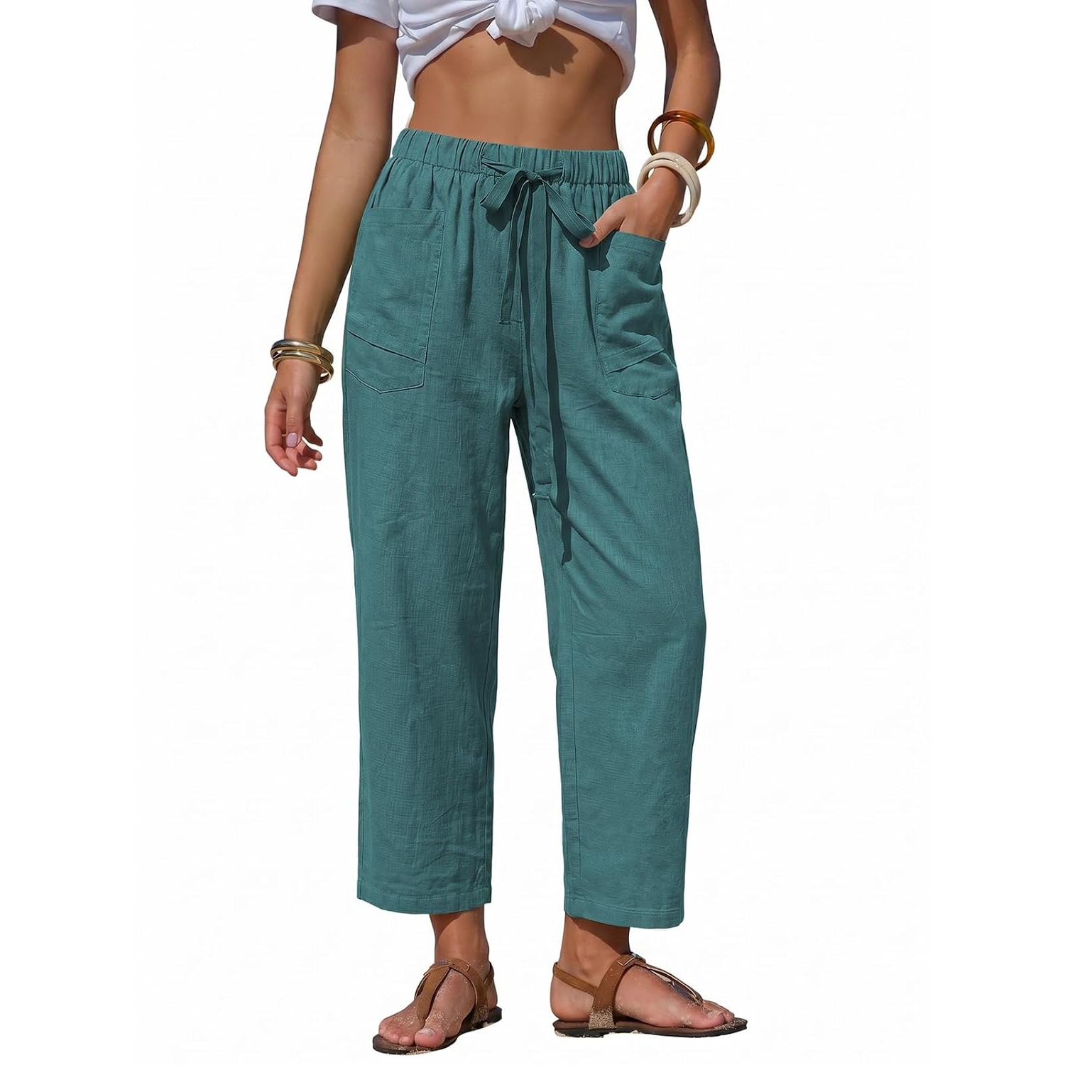 Summer Striped Barrel Pants With Drawstring For Women