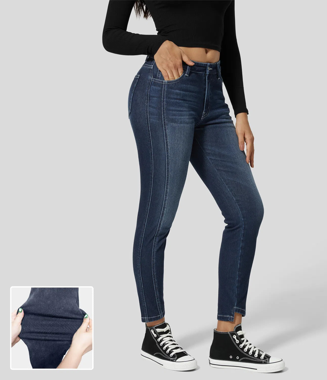 Mid Rise Button Zipper Multiple Pockets Stretchy Knit Casual Skinny Jeans-Legletic