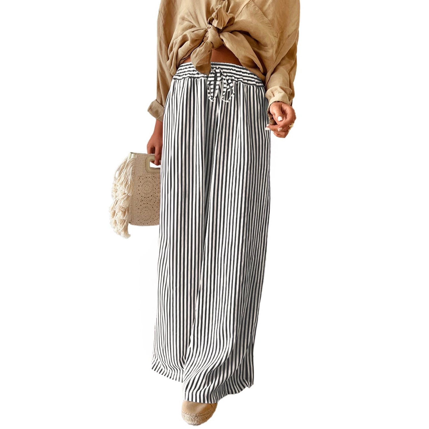 Casual Striped Wide Drawstring Pants With Pockets