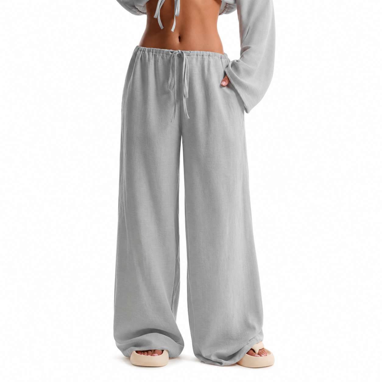 Tie Front Linen Feel Vacation Beach Trousers For Women