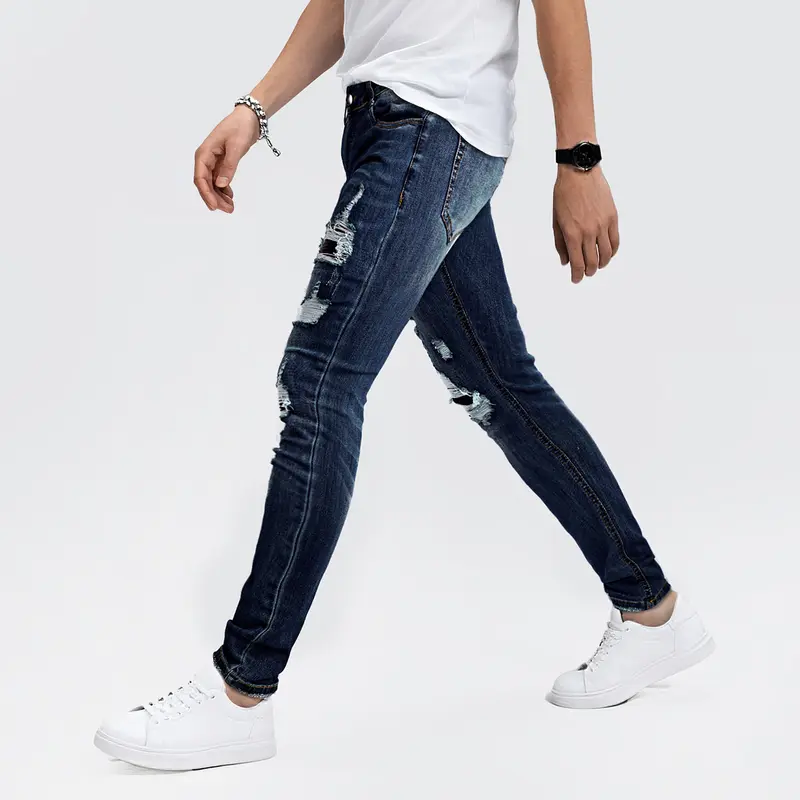 Mens Ripped Stretch Jeans Slim Fit Distressed Skinny Denim Pants Fashion Comfort Tapered Leg
