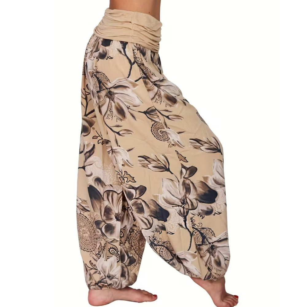 Boho Floral Print Ruched Harem Pants For Women
