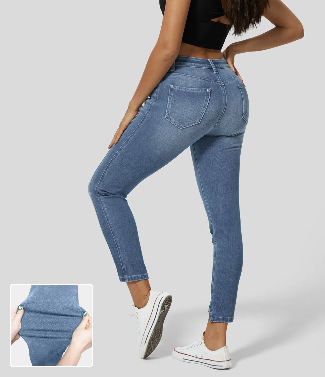 Mid Rise Button Zipper Multiple Pockets Stretchy Knit Casual Skinny Jeans-Legletic