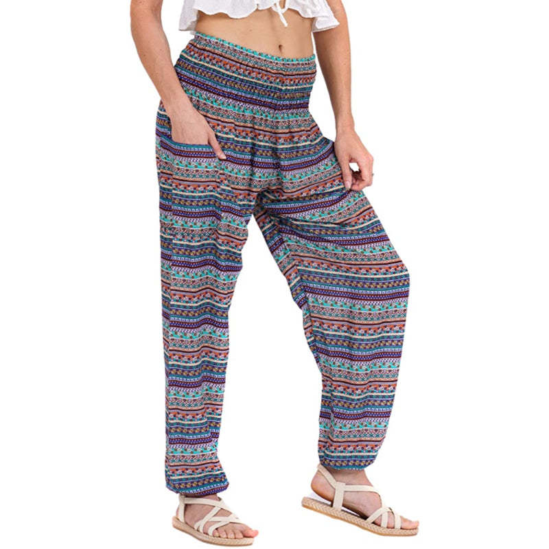 Colorful Print Smocked Waist Boho Harem Pants-Legletic