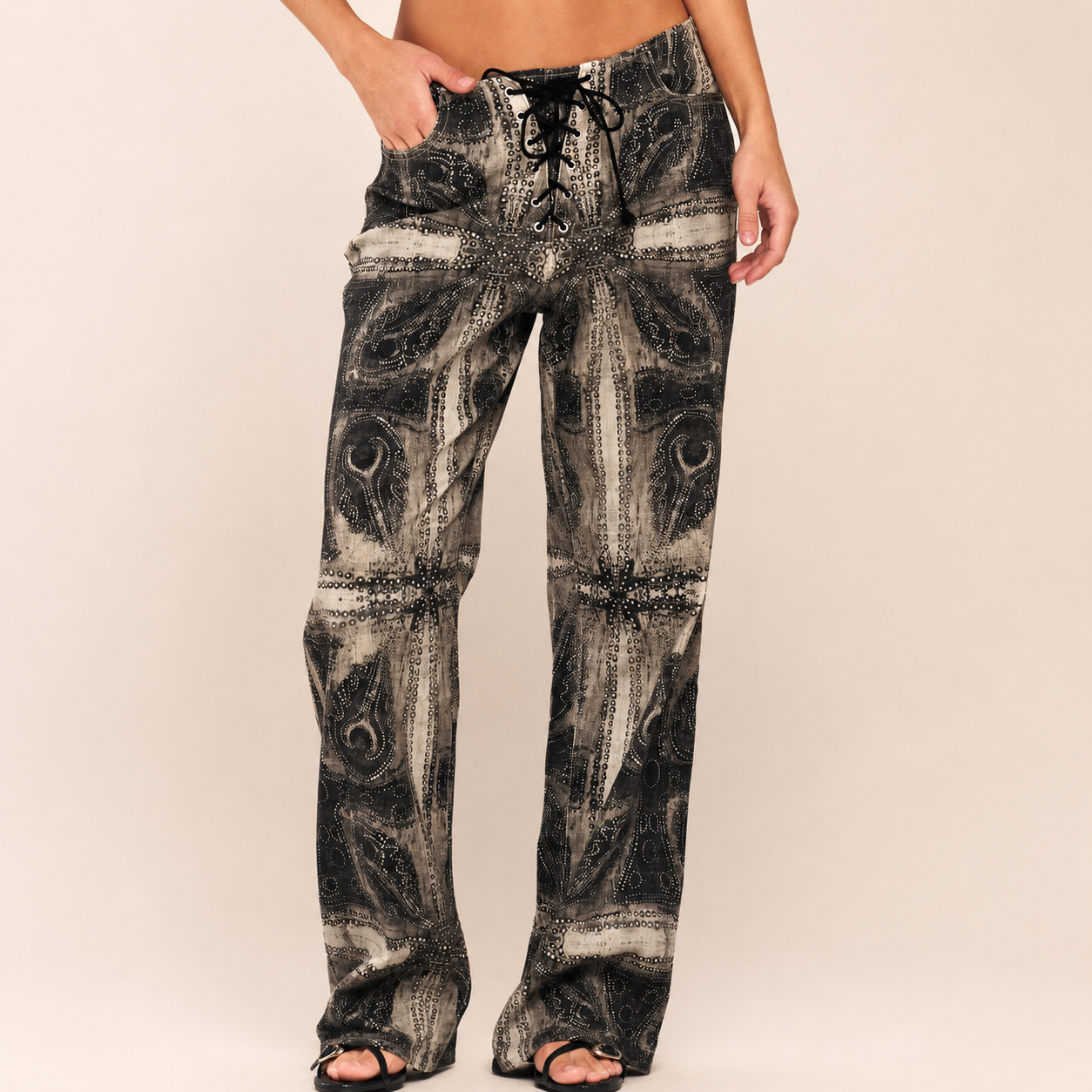 Peacock Print Lace Up Straight Leg Printed Jeans For Women