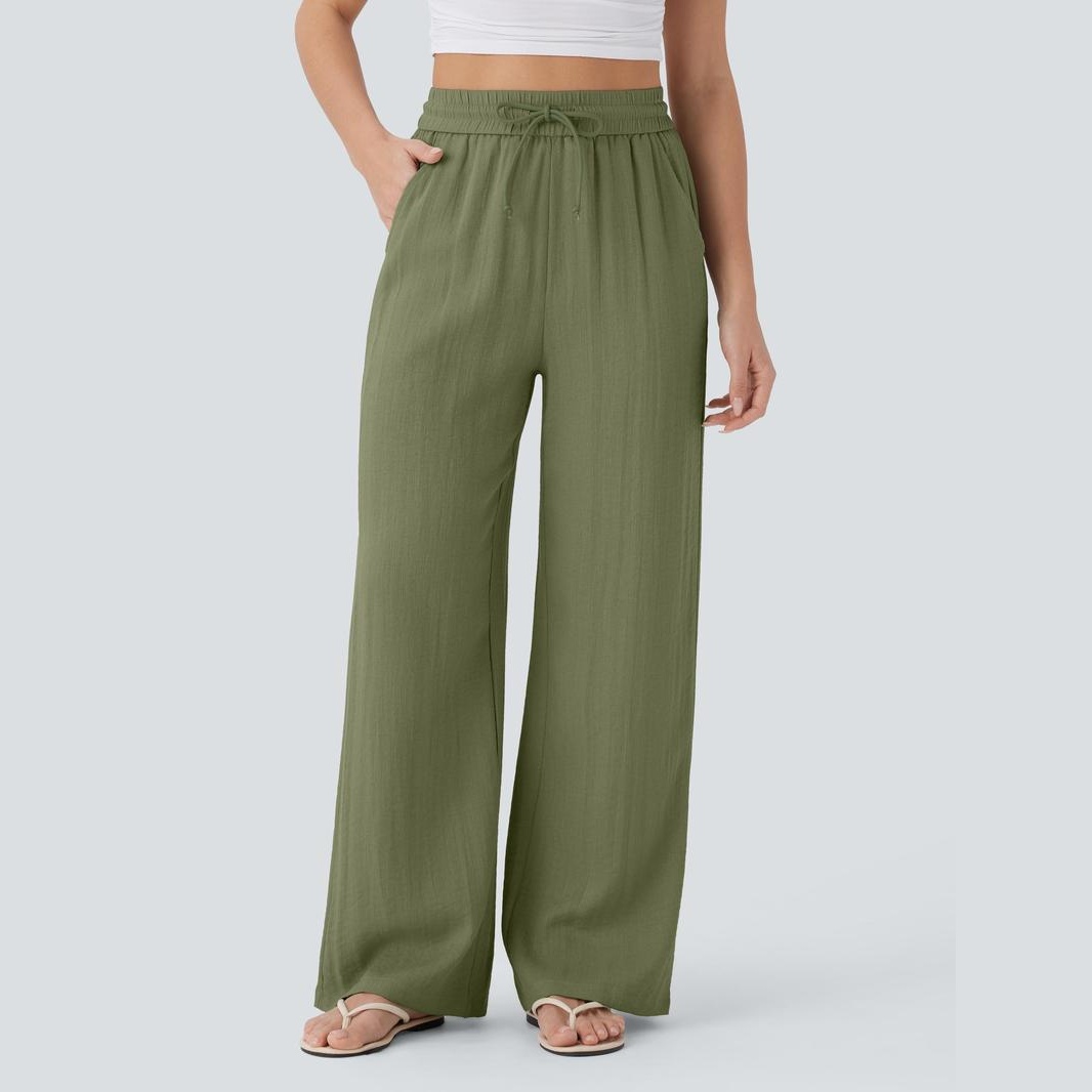 Casual Wide Baggy Linen Feel Pants With Drawstring For Women