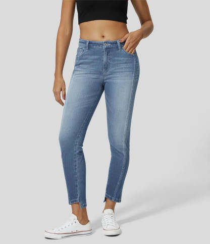 Mid Rise Button Zipper Multiple Pockets Stretchy Knit Casual Skinny Jeans-Legletic