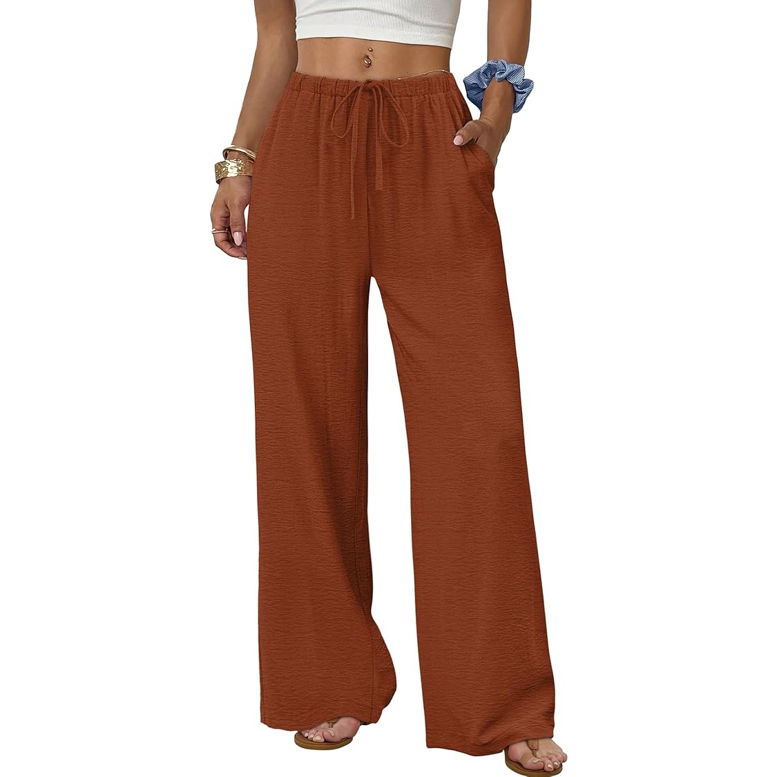 Flowy Wide Length Palazzo Pants With Pockets For Women