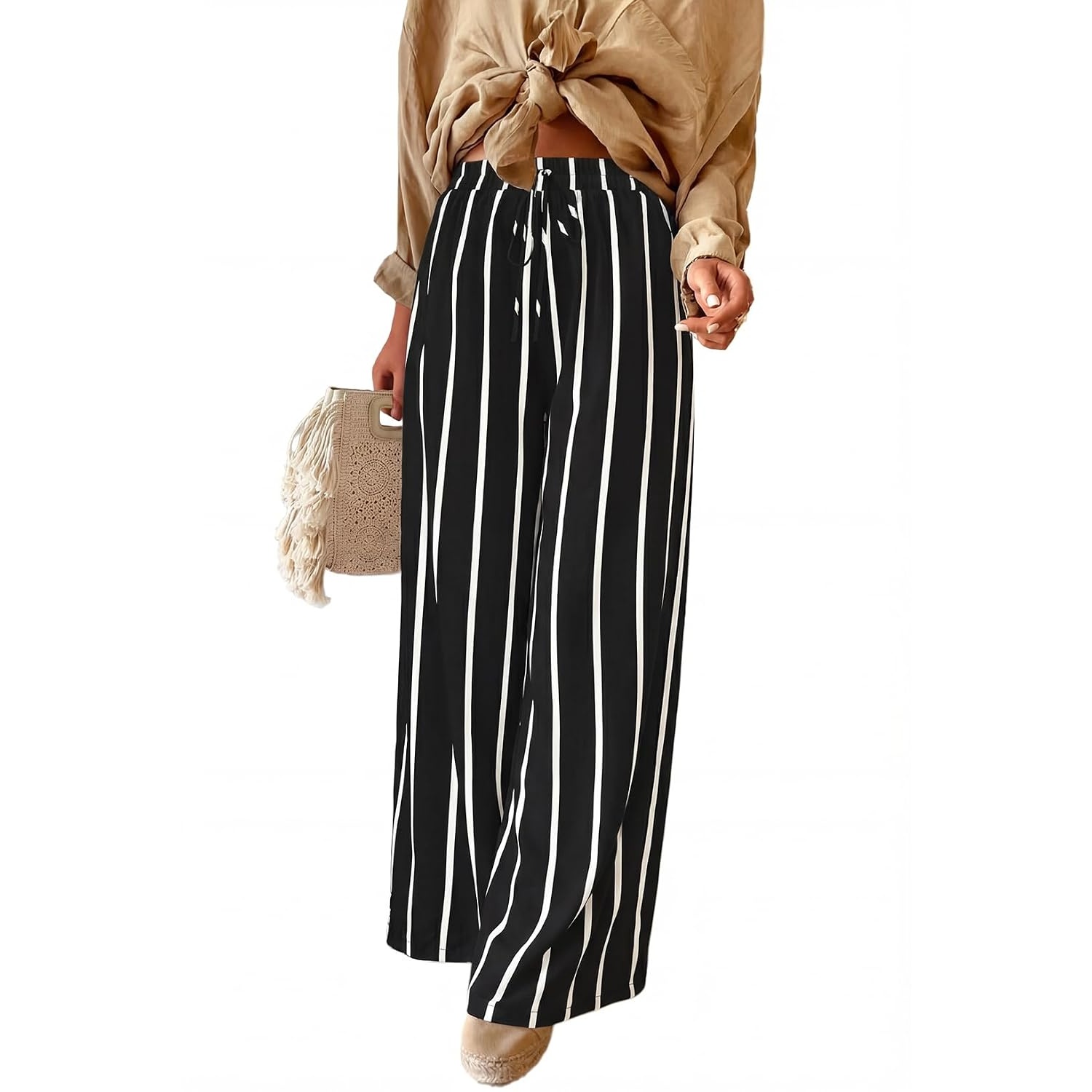 Casual Striped Wide Drawstring Pants With Pockets