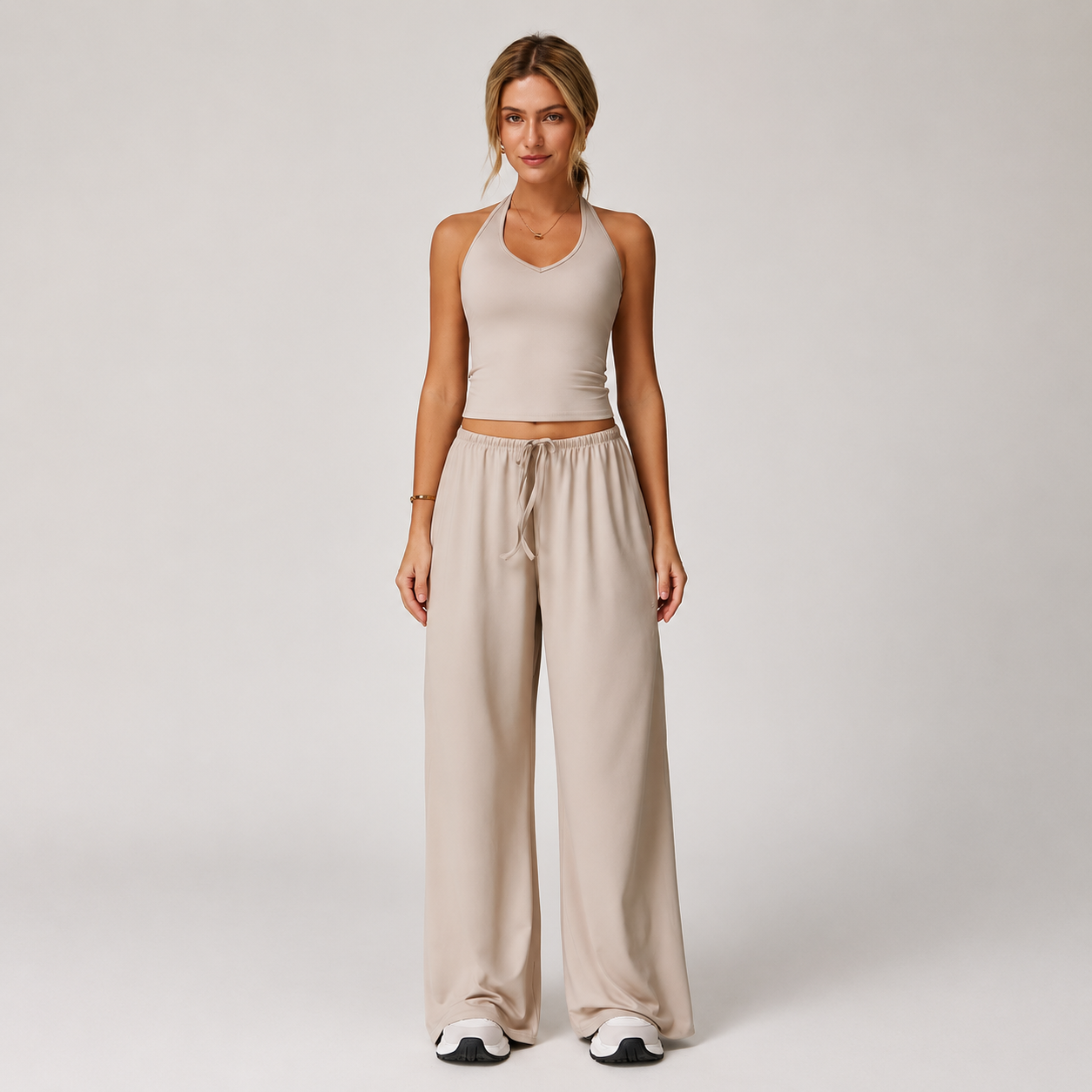 Sleeveless Crop Tank Top And Wide Pants For Women
