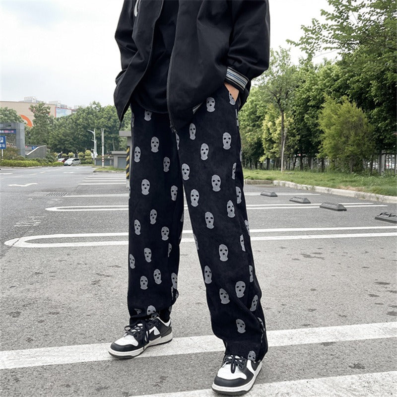 Men's Skull Print Casual Corduroy Drawstring Baggy Pants-Legletic