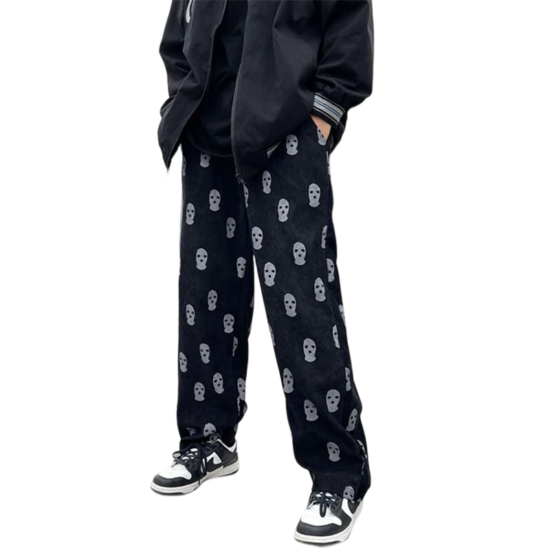 Men's Skull Print Casual Corduroy Drawstring Baggy Pants-Legletic