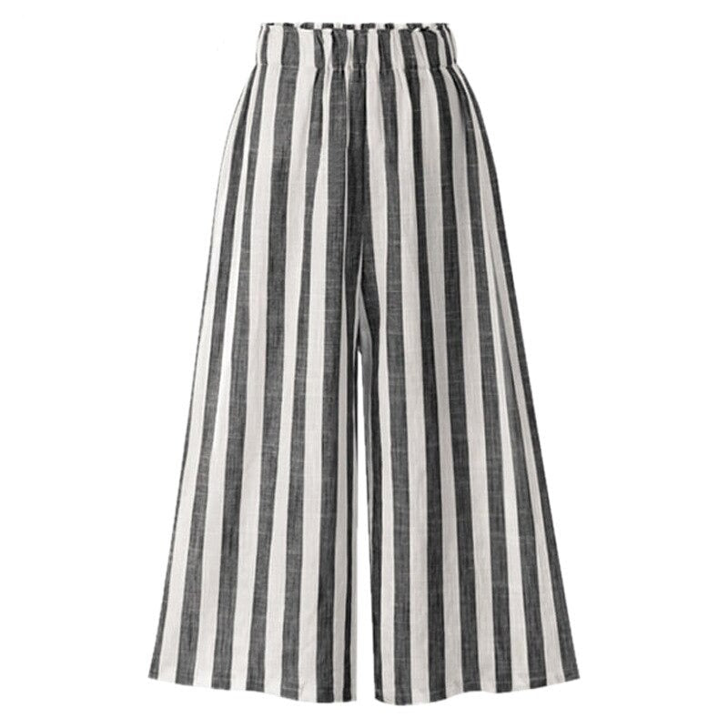 Linen High Waist Summer Cotton Pants With Stripes-Legletic