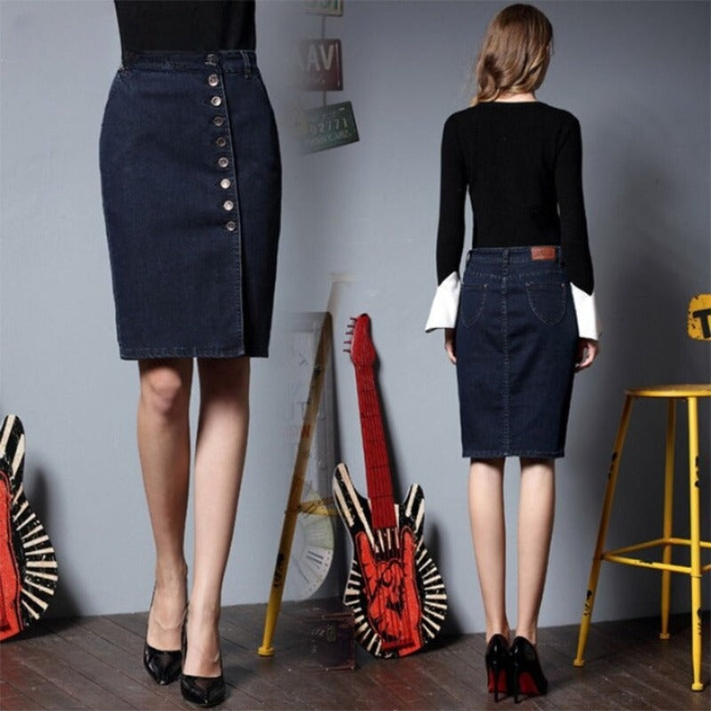 High Waist Women's Pencil Skirt With Buttons-Legletic