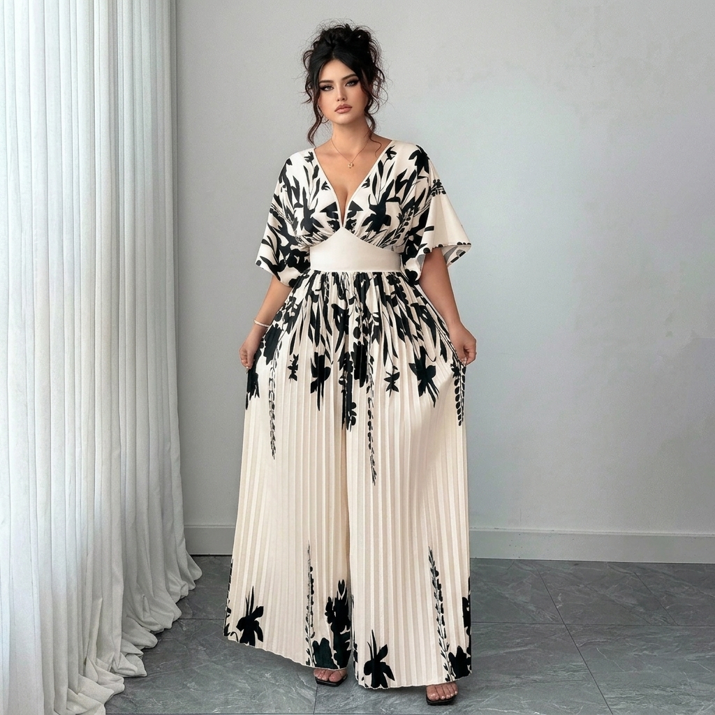 Women's Printed Deep V Neck Batwing Sleeve Pleated Elegant Jumpsui
