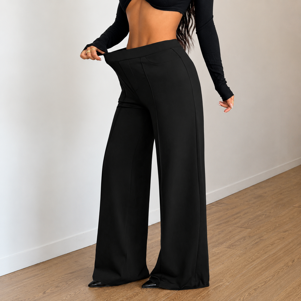 Stretchable Casual Pants With Elastic Waist Pockets For Women