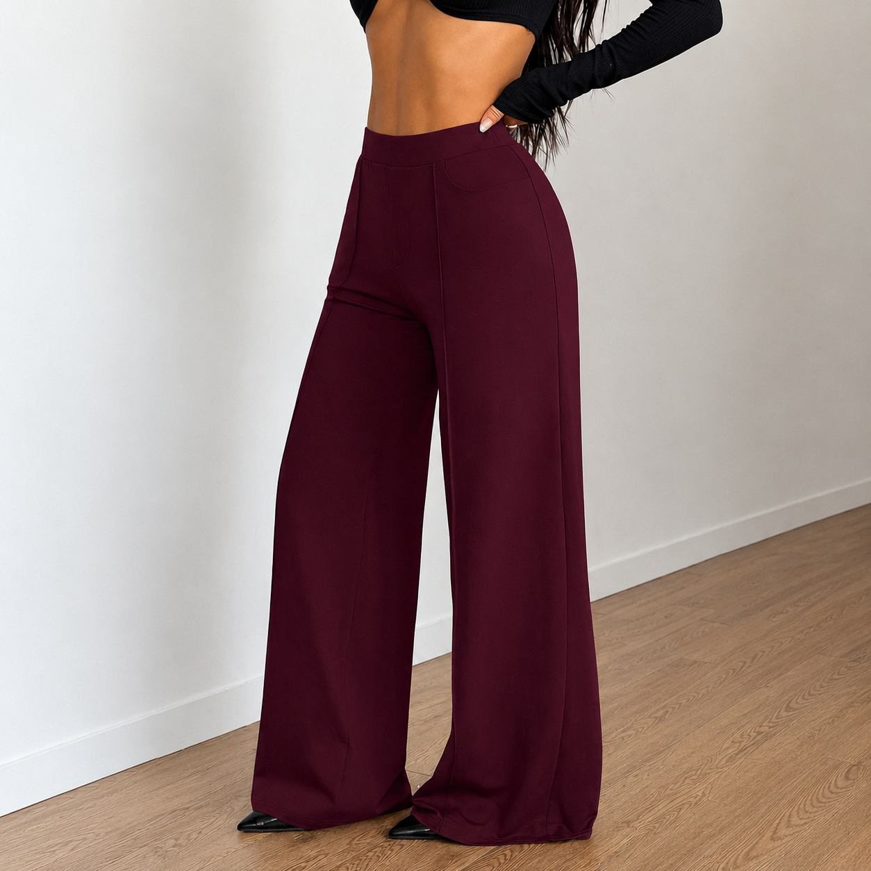 Stretchable Casual Pants With Elastic Waist Pockets For Women