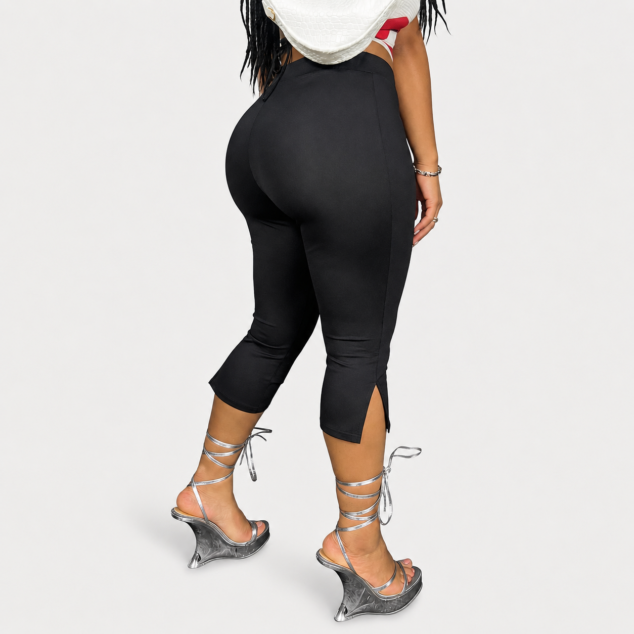Solid Cropped Pants With Side Slit Hem For Women