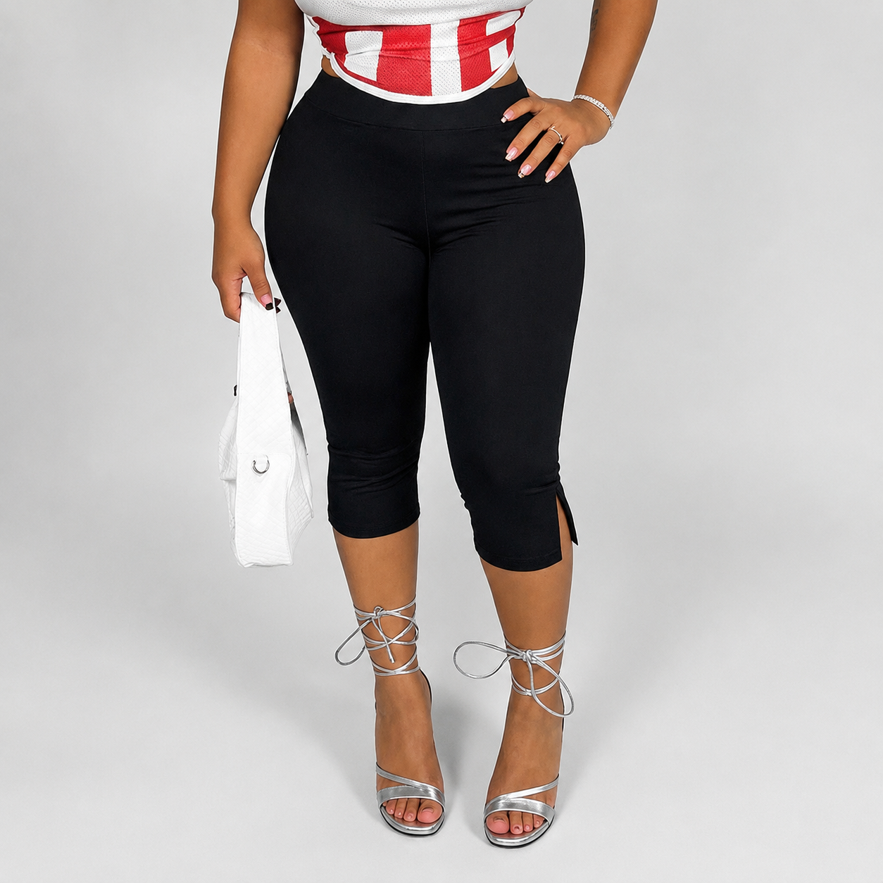 Solid Cropped Pants With Side Slit Hem For Women