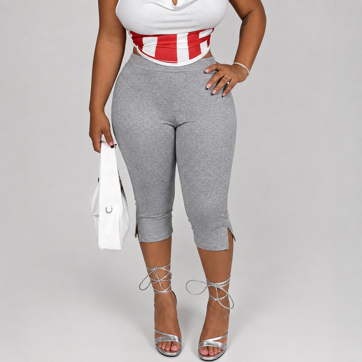 Solid Cropped Pants With Side Slit Hem For Women