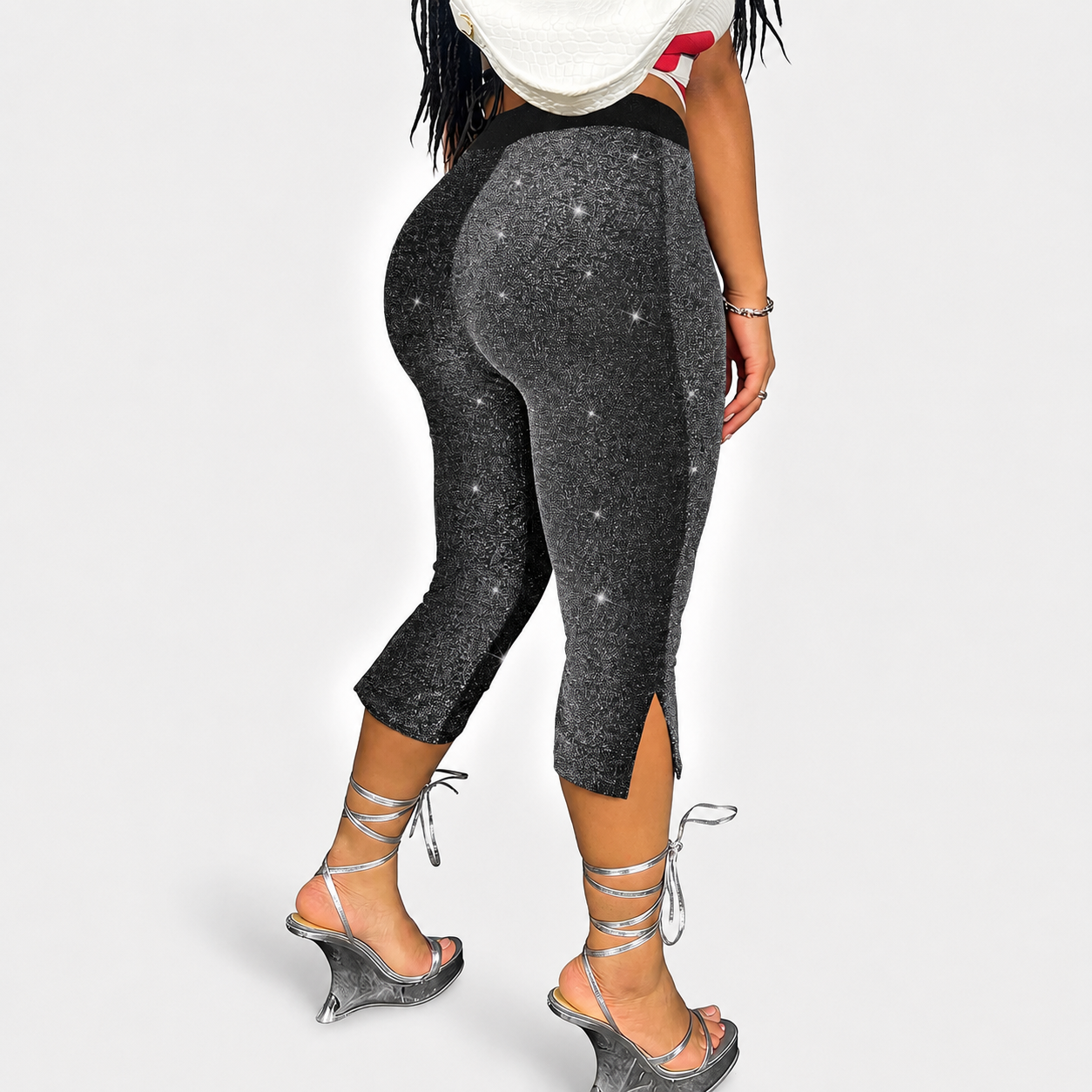 Solid Cropped Pants With Side Slit Hem For Women
