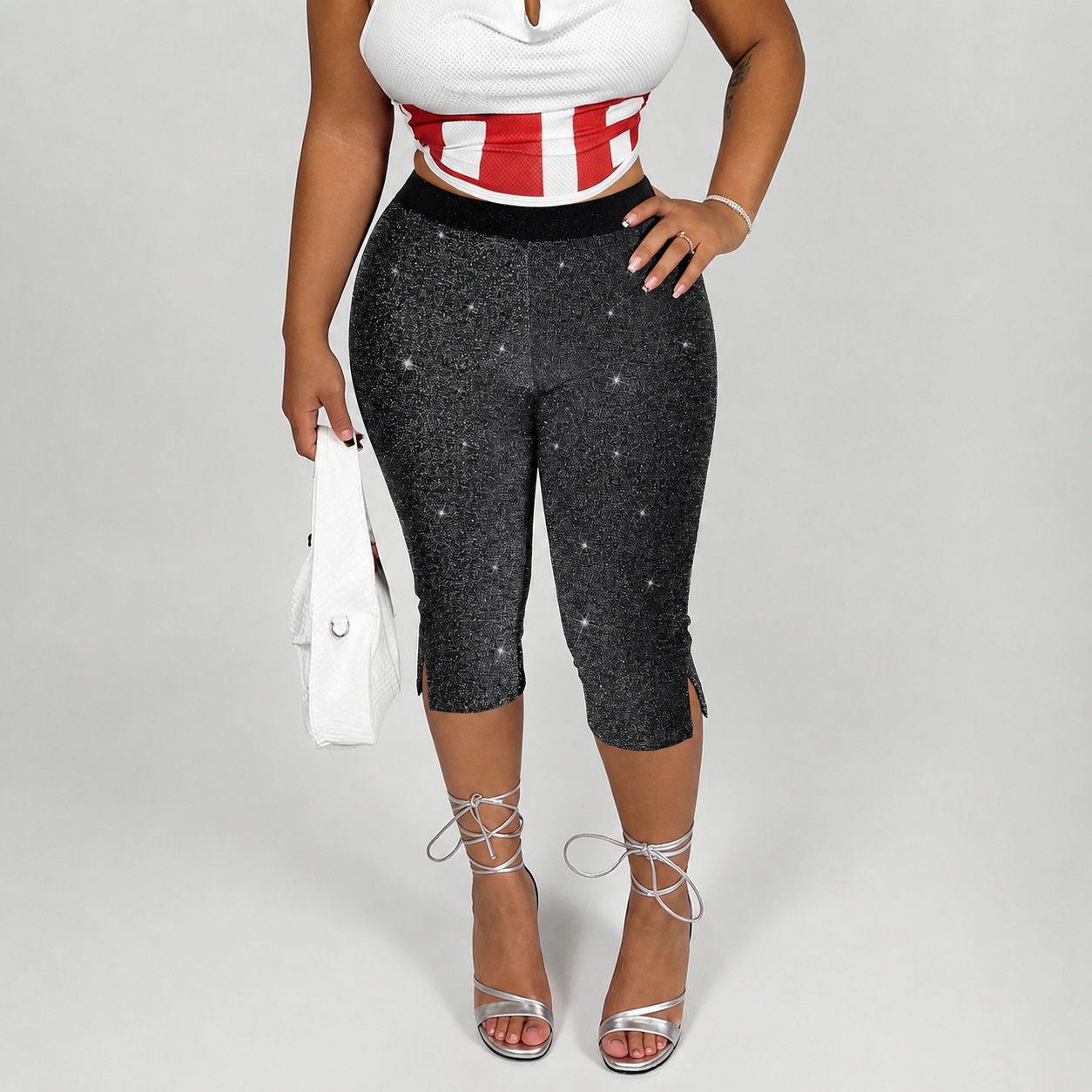 Solid Cropped Pants With Side Slit Hem For Women