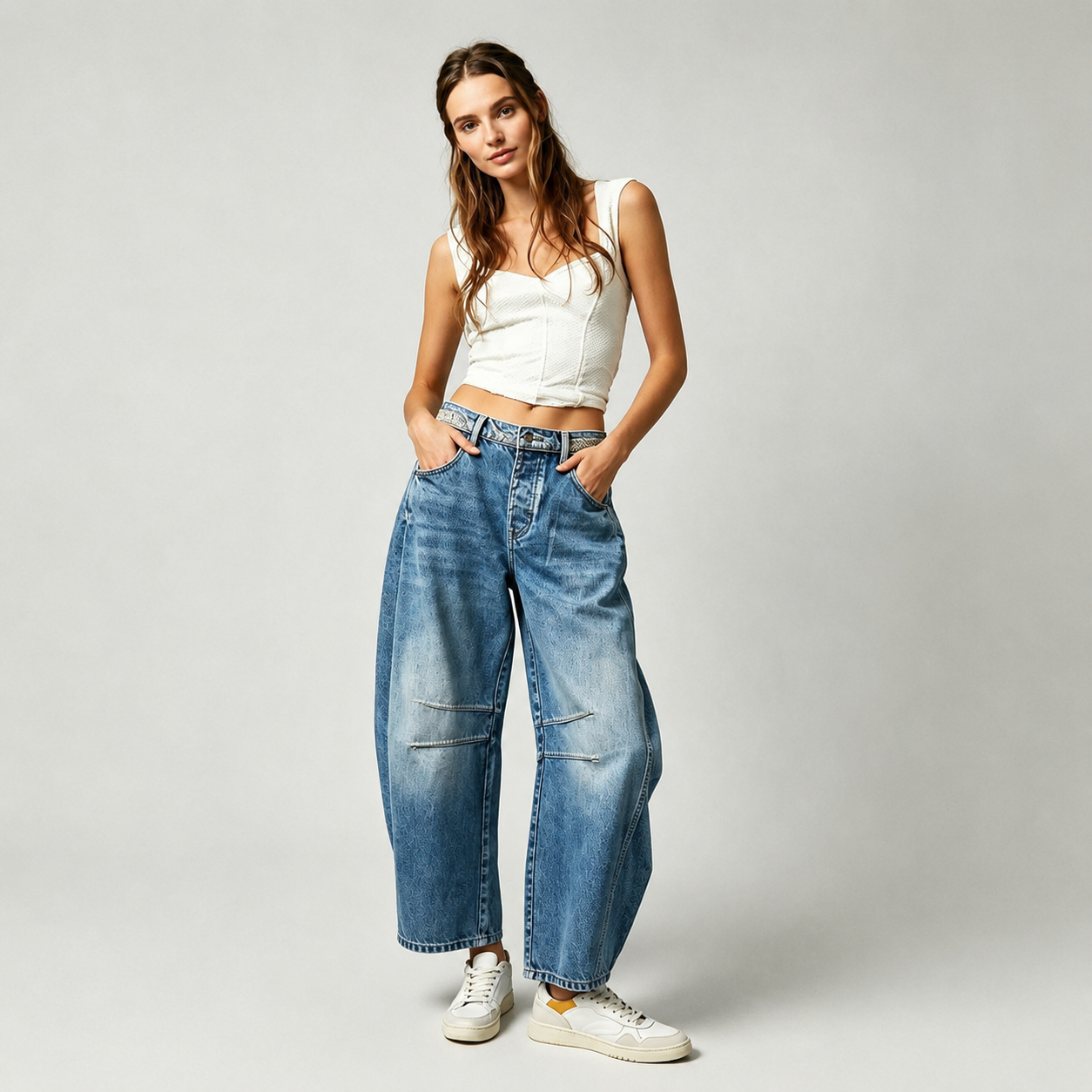 High Rise Loose Barrel Jeans With Dart Detail For Women