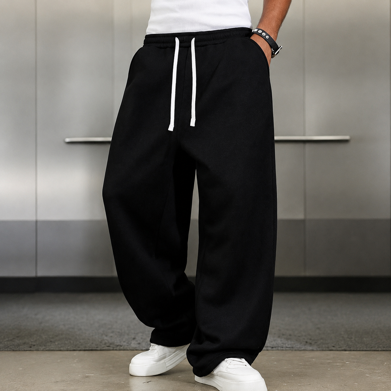 Minimalist Solid Colored Loose Fit Pants With Drawstring