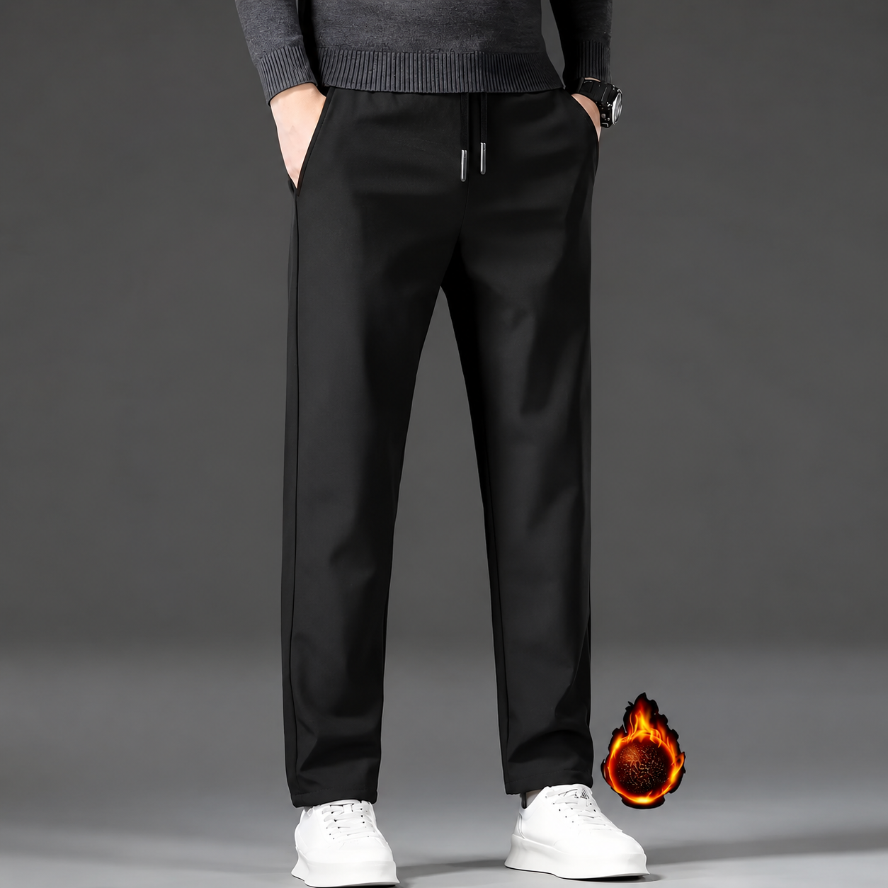 Casual Fleece Winter Lined Pants With Drawstring For Men