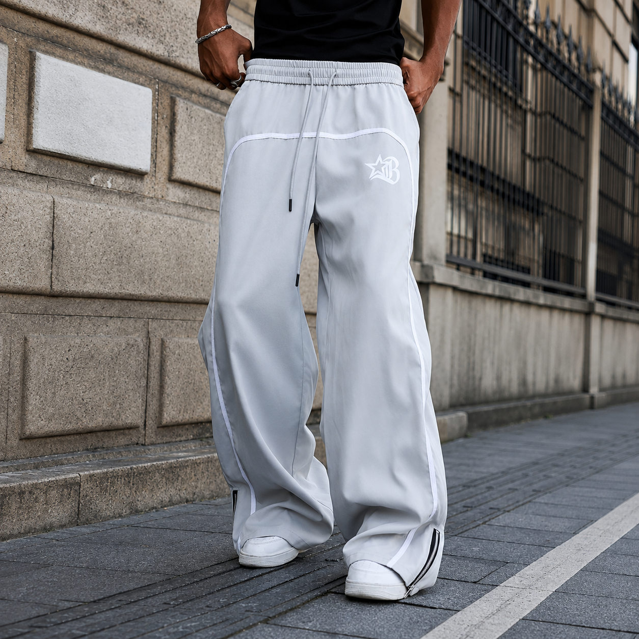 Star And Letter Printed Wide Drawstring Pants For Men