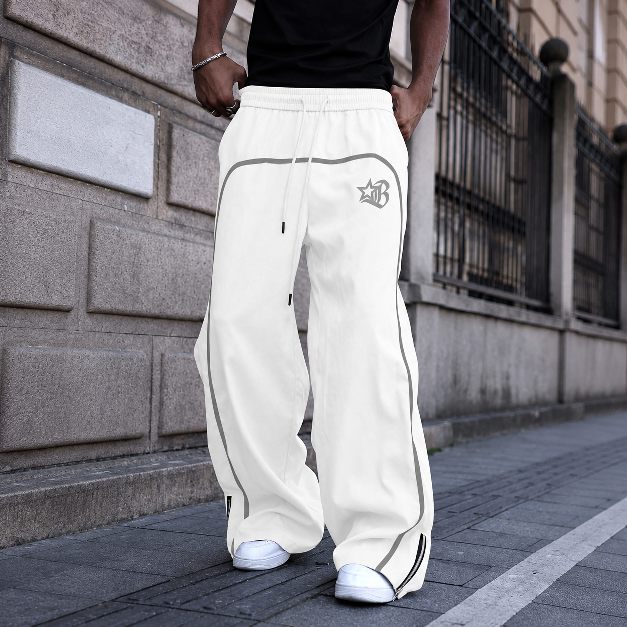 Star And Letter Printed Wide Drawstring Pants For Men