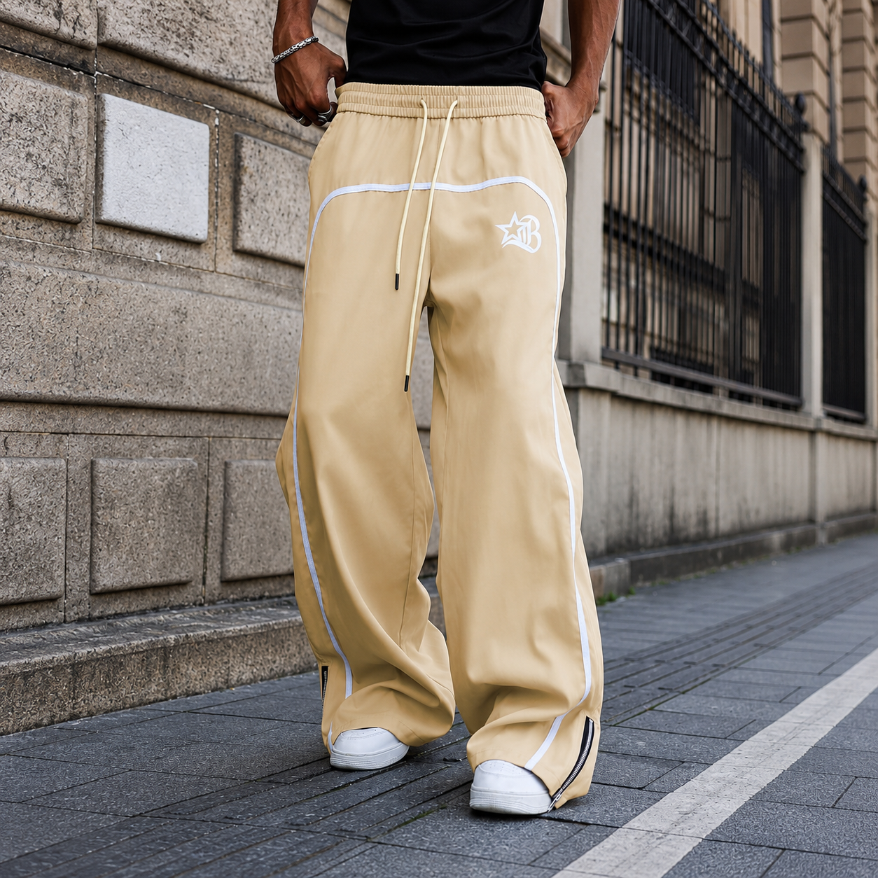 Star And Letter Printed Wide Drawstring Pants For Men
