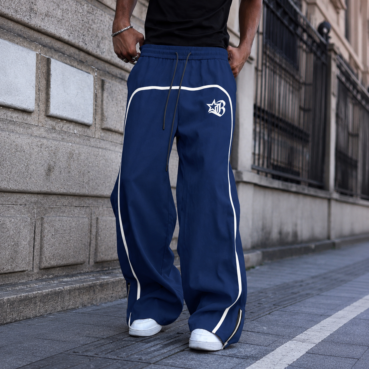 Star And Letter Printed Wide Drawstring Pants For Men