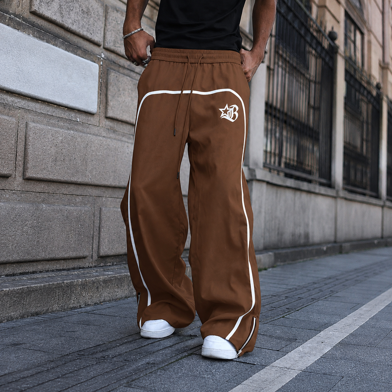 Star And Letter Printed Wide Drawstring Pants For Men
