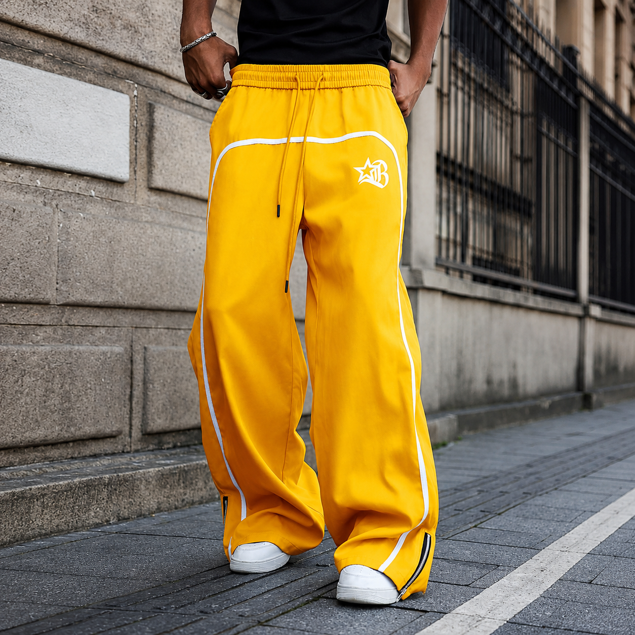 Star And Letter Printed Wide Drawstring Pants For Men