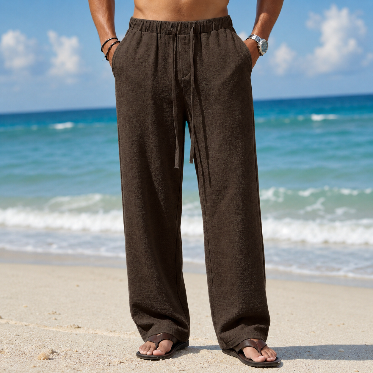 Casual Boho Vacation Pants With Drawstring For Men